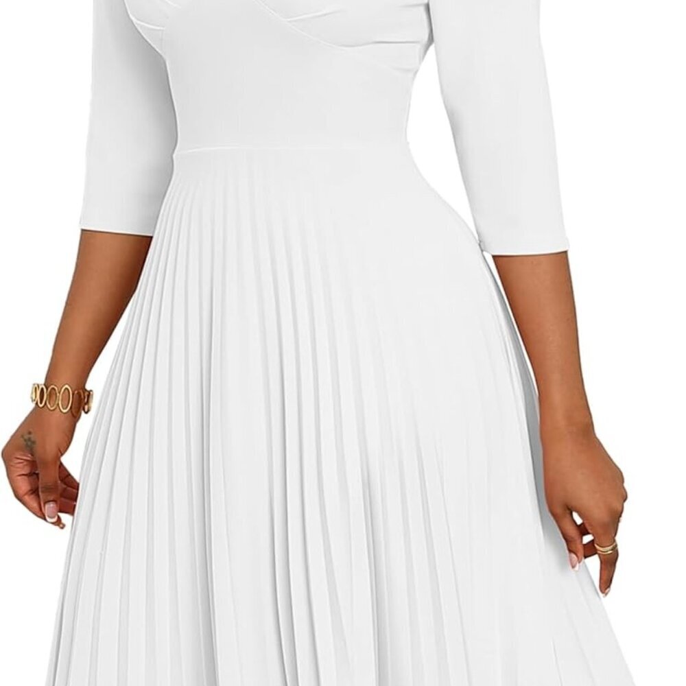 Midi Dresses for Women Casual Wrap Flared Pleated Dress A Line 3/4 Sleeve V Neck - Picture 1 of 6
